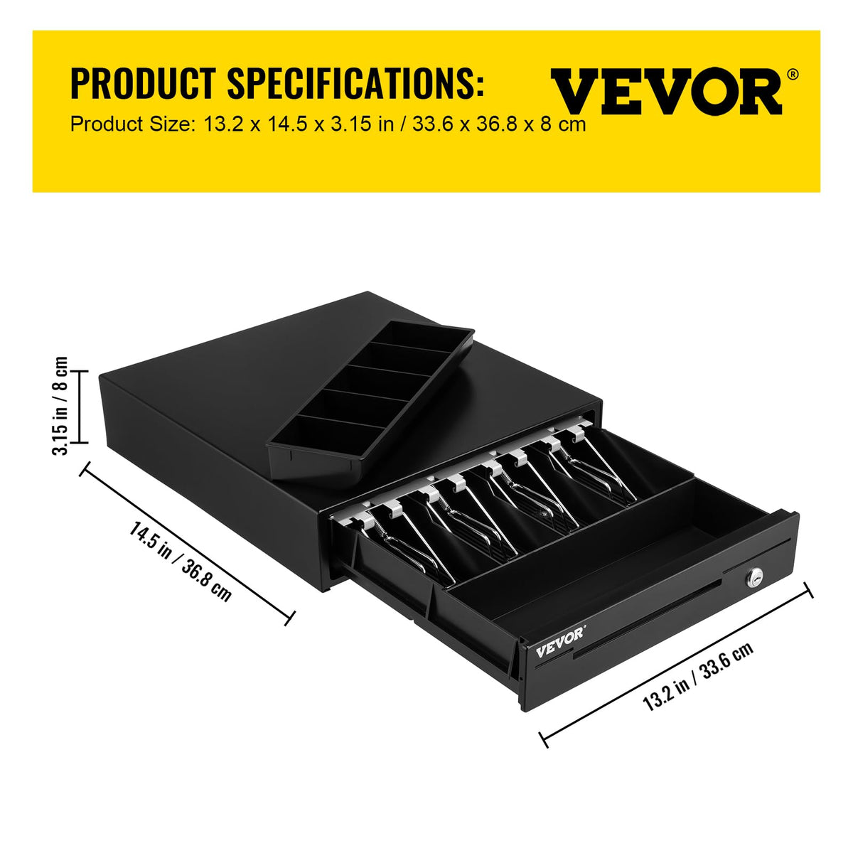 VEVOR Cajón de Efectivo Tipo de Accionamiento 13" Cajón Portamonedas 12V Caja Registradora de Punto de Venta 33,6 x 36,8 x 8 cm Bandeja para Cajón de Dinero Cajón de Caja Registradora Bandeja
