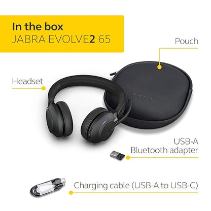 Jabra Evolve2 65 MS Auriculares inalámbricos con Link380a, estéreo, Negro, Bluetooth inalámbricos para Llamadas y música, 37 Horas de duración de la batería, cancelación de Ruido