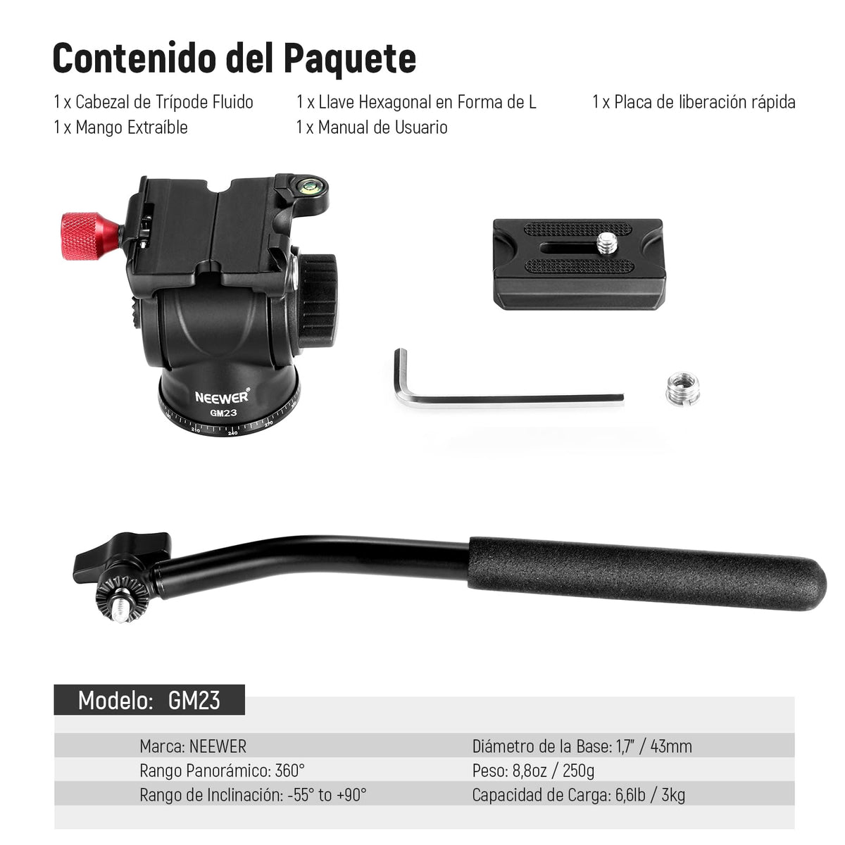 NEEWER Cabezal de Trípode Fluido con Mango y Liberación Rápida Tipo Arca, Cabezal Panorámico de Arrastre con Base Escalada de ø43mm para Cámara DSLR de Videocámara Compacta, Carga Máxima: 6,6lb, GM23