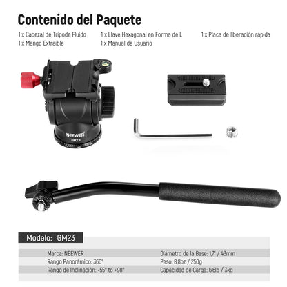 NEEWER Cabezal de Trípode Fluido con Mango y Liberación Rápida Tipo Arca, Cabezal Panorámico de Arrastre con Base Escalada de ø43mm para Cámara DSLR de Videocámara Compacta, Carga Máxima: 6,6lb, GM23