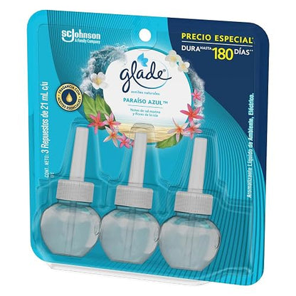 Glade Aromatizante para Hogar Eléctrico Paraíso Azul, 3 Repuestos 21 ml
