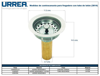 URREA 3814 Contra Canasta para Fregadero con Tubo de Latón, Terminado Acero Inoxidable