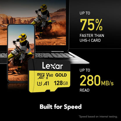 Tarjeta Lexar Profesional Oro microSDXC 128GB, UHS-II, C10, U3, V60, Full-HD & 4K Video, hasta 280MB/s de Lectura, para videógrafos Profesionales, Jugadores