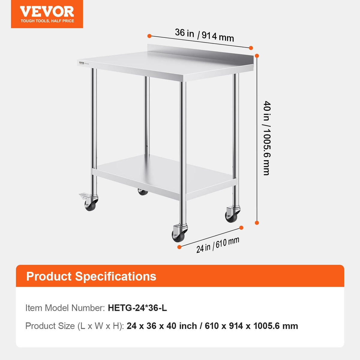 VEVOR Mesa de Trabajo de Acero Inoxidable 91,4x61x100,6 cm Mesa de Preparación de Alimentos con Ruedas Estantes Regulables en Altura Unidad de Almacenamiento de Alimentos para Restaurante Bar Hotel