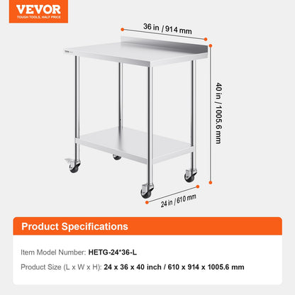 VEVOR Mesa de Trabajo de Acero Inoxidable 91,4x61x100,6 cm Mesa de Preparación de Alimentos con Ruedas Estantes Regulables en Altura Unidad de Almacenamiento de Alimentos para Restaurante Bar Hotel