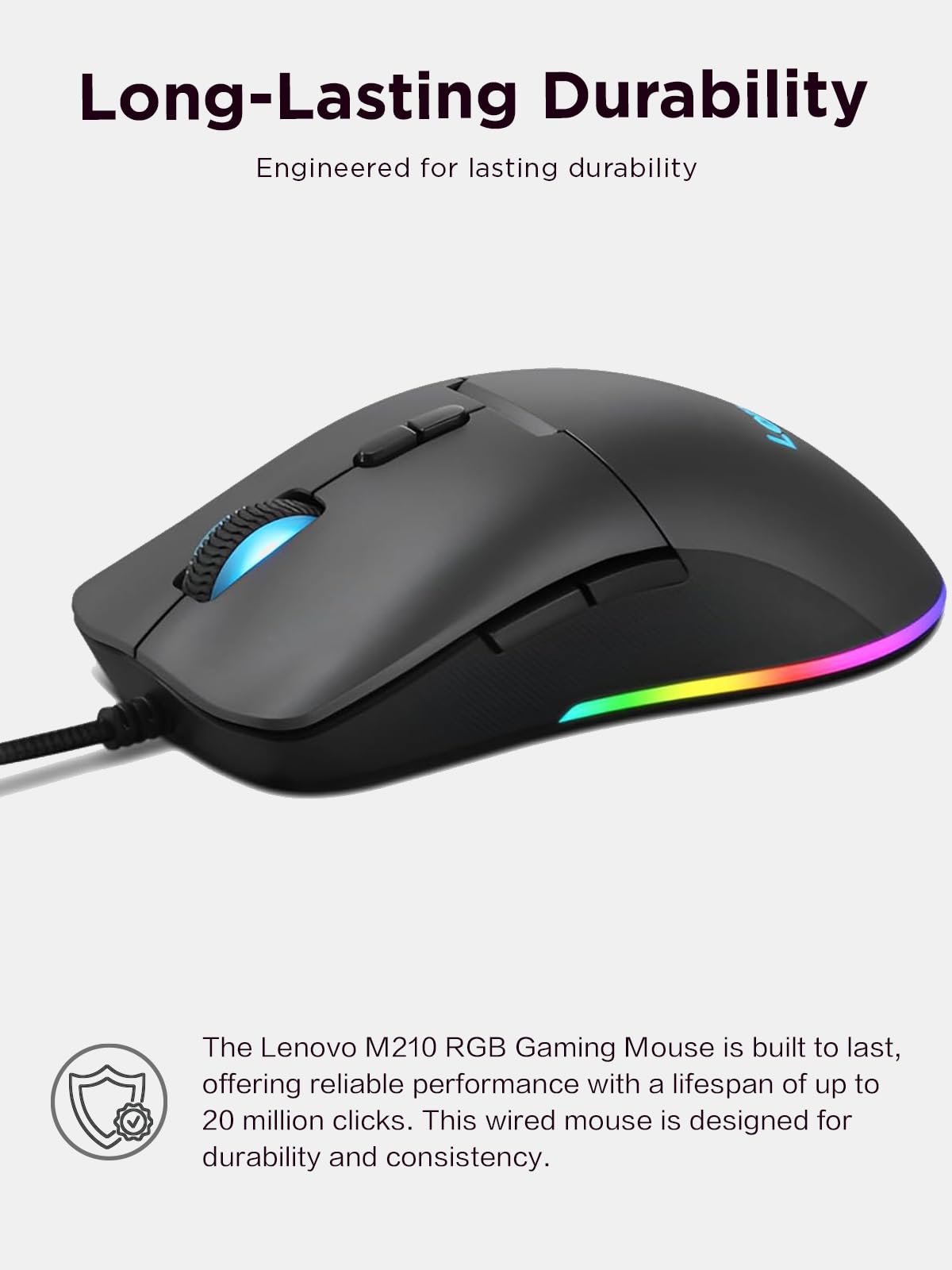 Lenovo M210 RGB mouse para juegos con cable para PC, portátil, computadora con Windows y sistema operativo cromado - 3 zonas RGB, sensor ajustable de 8000 DPI, 7 botones programables, mouse con agarre