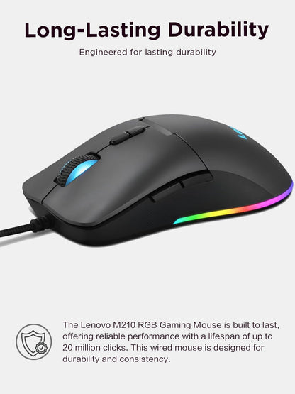 Lenovo M210 RGB mouse para juegos con cable para PC, portátil, computadora con Windows y sistema operativo cromado - 3 zonas RGB, sensor ajustable de 8000 DPI, 7 botones programables, mouse con agarre