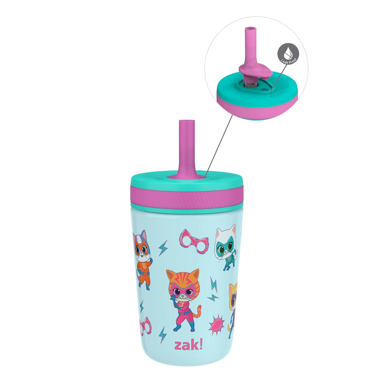 Zak Designs Vaso de Acero Inoxidable con Popote 12oz - SuperKitties (Ginny, Sparks, Buddy, Bitsy)