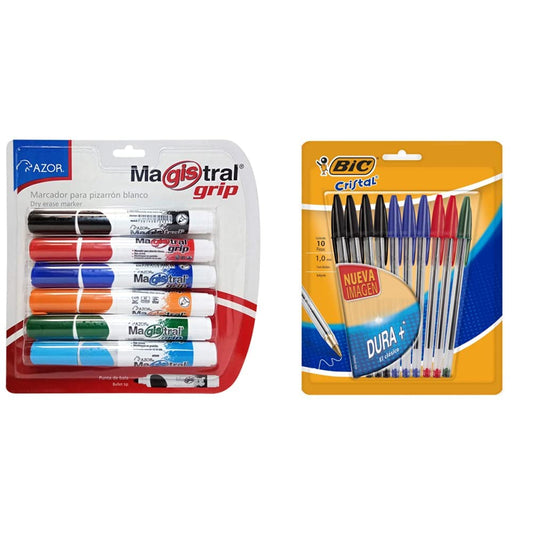 AZOR 301.8396CS Magistral Grip Punta de Bala, Marcador para pizarrón blanco + BIC, Bolígrafo de Punto Mediano, Pluma Clásica, Cristal Dura +, Surtido de 4 Colores, 10 piezas