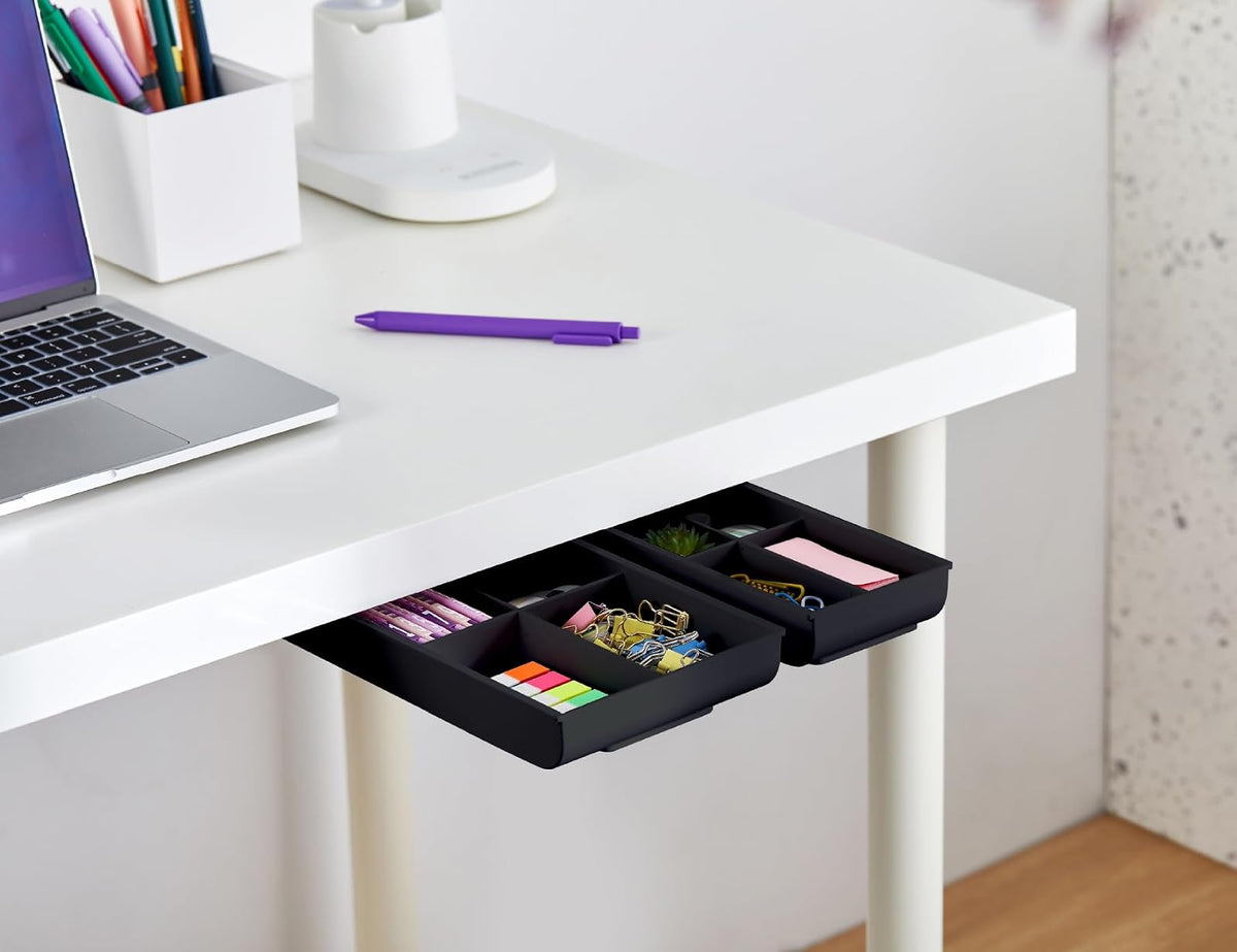 Bostitch Konnect - Cajón para debajo del computadora, organizador de almacenamiento autoadhesivo con 4 divisores personalizables, paquete de 2