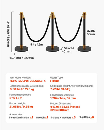 VEVOR 6 PCS Poste de Estaca de Acero Inoxidable de 1,5 m con Base Hueca de Inyección de Arena y 4 Cuerdas de Terciopelo Negro, Barreras de Control de Multitudes para Teatro, Fiesta, Boda, Negro
