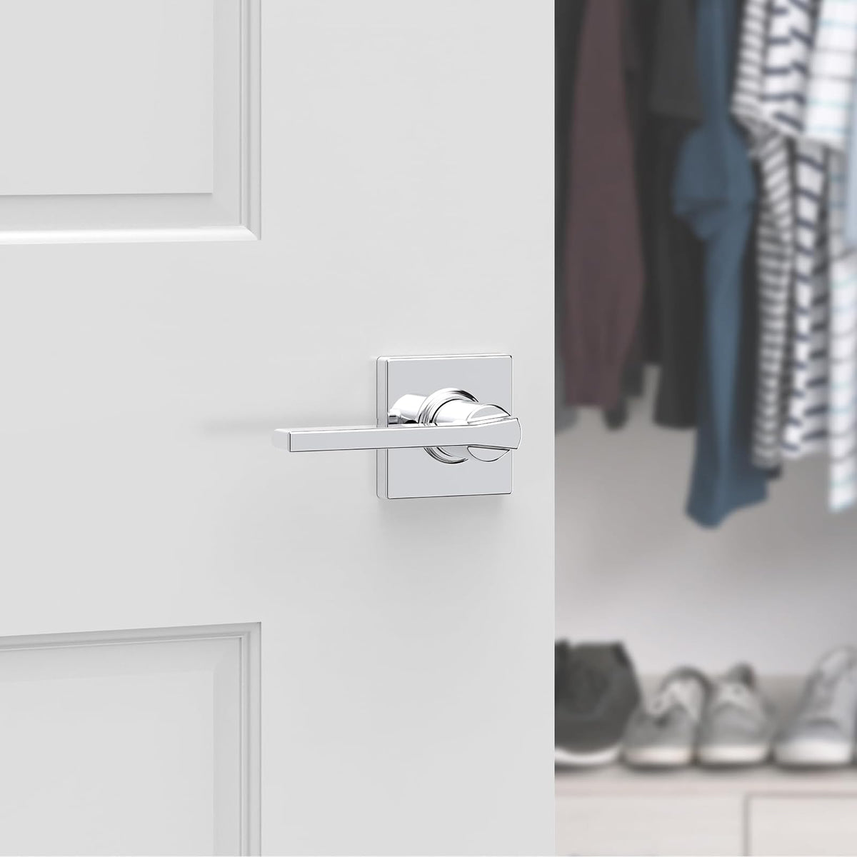 Kwikset Casey - Manija de puerta para manijas, palanca de una sola cara para armarios, puertas dobles francesas y despensa, cromo pulido que no gira la palanca interior reversible