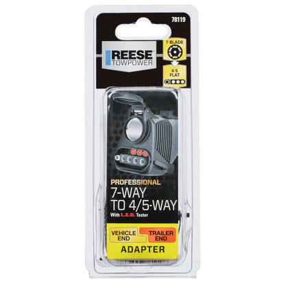 Reese Towpower 78119 Adaptador de cableado, Plano de 7 vías a 5 vías y 4 vías, con Adaptador de probador LED Integrado de Toma de Corriente de 12 V