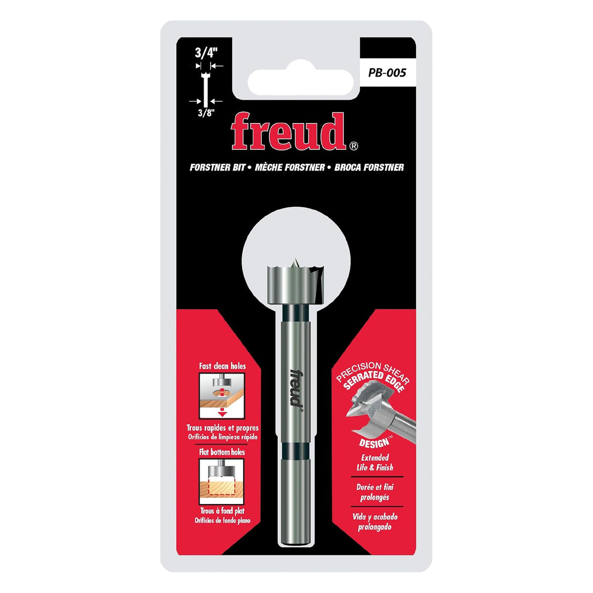 Freud - Taladro Forstner de precisión con bordes de corte inclinados para parte inferior, bolsillo y agujeros superpuestos, diámetro de 3/4 pulgadas, vástago de 3/8 pulgadas, longitud de 3-1/2