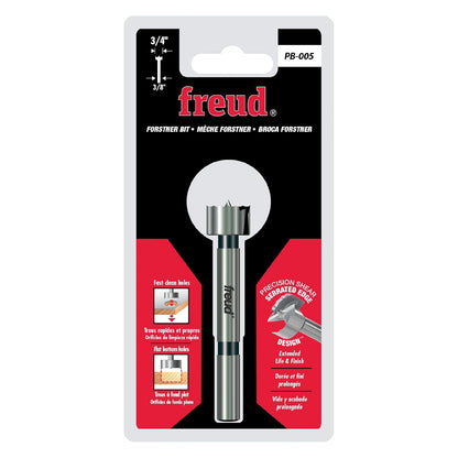 Freud - Taladro Forstner de precisión con bordes de corte inclinados para parte inferior, bolsillo y agujeros superpuestos, diámetro de 3/4 pulgadas, vástago de 3/8 pulgadas, longitud de 3-1/2