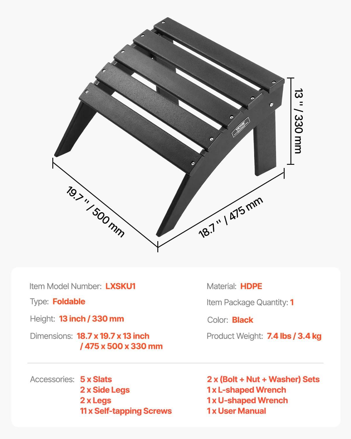 VEVOR Reposapiés Adirondack Plegable de Plástico HDPE de 475 x 500 x 330 mm, Reposapiés Adirondack Resistente a la Intemperie para Silla Adirondack para Porches Exteriores, Césped, Patios, Negro