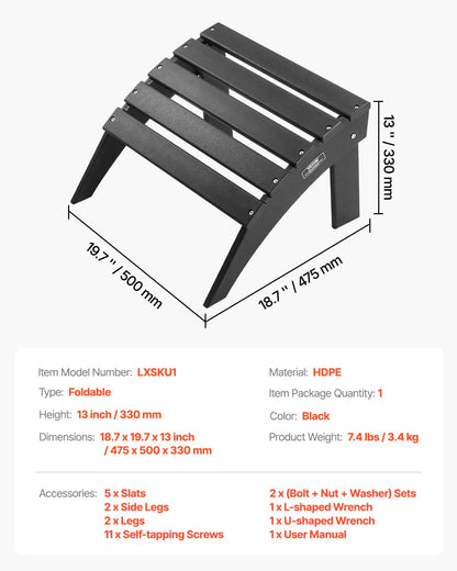 VEVOR Reposapiés Adirondack Plegable de Plástico HDPE de 475 x 500 x 330 mm, Reposapiés Adirondack Resistente a la Intemperie para Silla Adirondack para Porches Exteriores, Césped, Patios, Negro