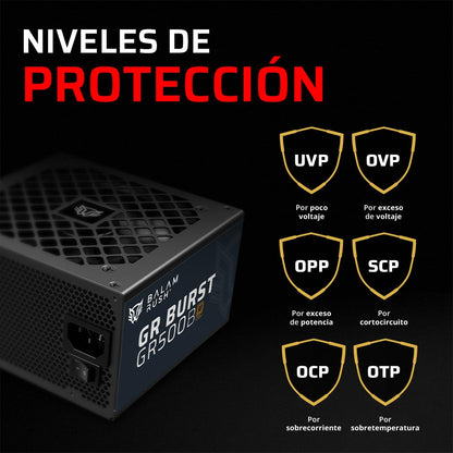 Balam Rush GR Burst GR500B Fuente de Poder ATX 500W, 80 Plus Bronze, No Modular, Legend Negro, 1 ATX + 1 ATX12V + 2X PCI-E + 4X SATA + 2X MOLEX + 1x Floppy