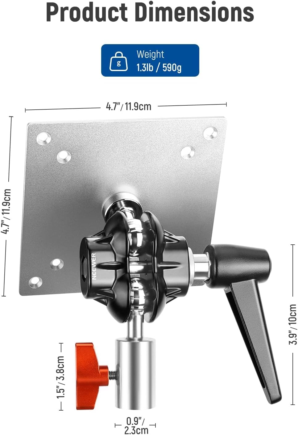 NEEWER Adaptador de Soporte de Monitor con Soporte VESA, Adaptador de Soporte de Luz de Aleación de Aluminio,Tornillo M4 de Rótula Doble de 360° y Receptor de 5/8 ", Carga Máxima 14lb/6.3kg(MA001