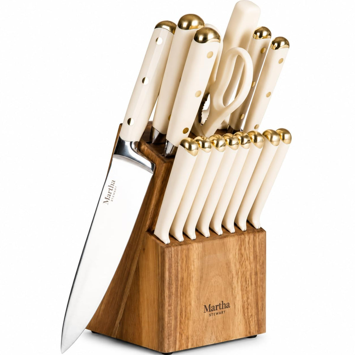 Martha Stewart Juego De Cuchillos Lockton 16 Piezas | Acero Inoxidable De Alto Carbono, Mango Forjado De ABS, Bloque De Madera De Acacia, Blanco Y Dorado