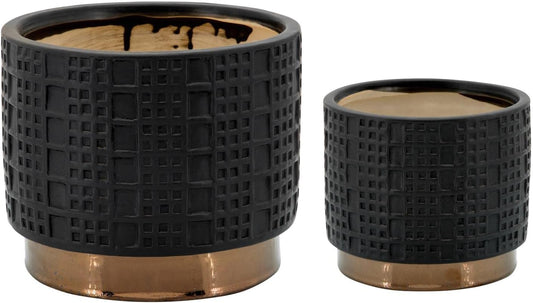 Sagebrook Home Macetas de cerámica y gres con Detalles Dorados Modernas y Decorativas para Plantas suculentas Flores y Hierbas Elegante decoración del hogar y la Oficina; Juego de 2 Color Negro