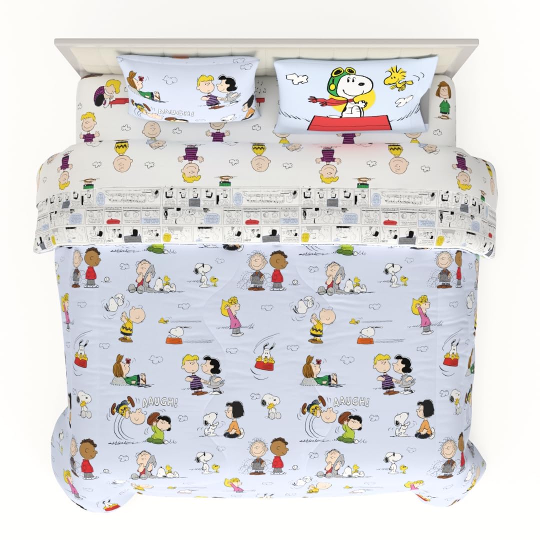 Franco Juego de Edredón y Sábanas Snoopy Microfibra - 7 Piece King Size - Azul claro - Cacahuetes