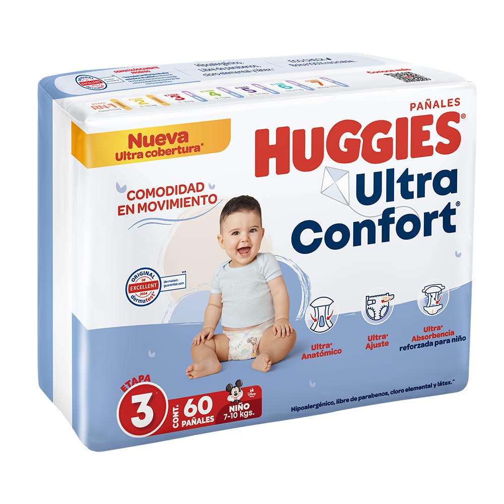 Huggies UltraConfort Pañal Desechable para Bebé, Etapa 3, Niño, Caja con 180 Piezas, Ideal para Bebés de 7 a 10 kg