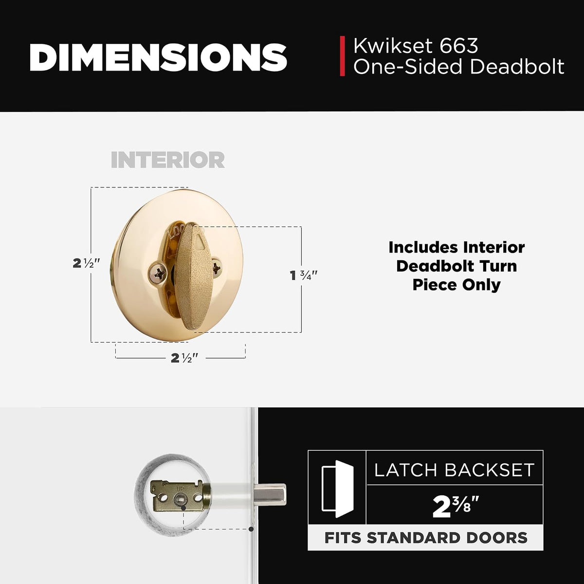 Kwikset 663 - Cerrojo de cerrojo sin llave, pieza giratoria interior redonda de latón pulido para puerta de entrada delantera, con pestillo y adaptador, sin montaje exterior