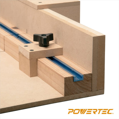 POWERTEC - Kit de sierra de mesa con riel en T de 12 pulgadas, barra de inglete de polietileno de alta densidad de 19 pulgadas, juego de perillas, pernos y tornillos para trineo de corte transversal