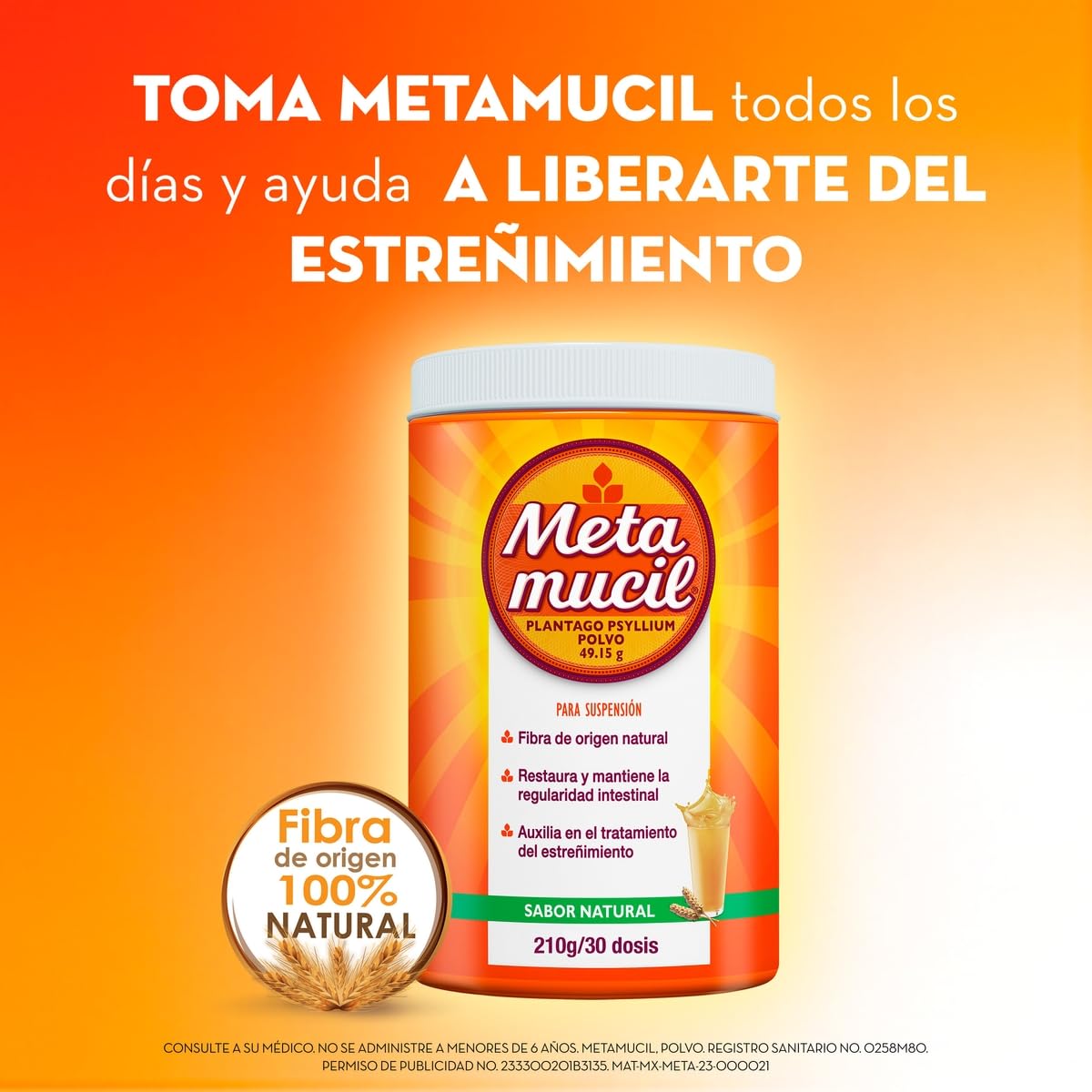 Metamucil Fibra Sabor Natural tarro de 504g 72 dosis