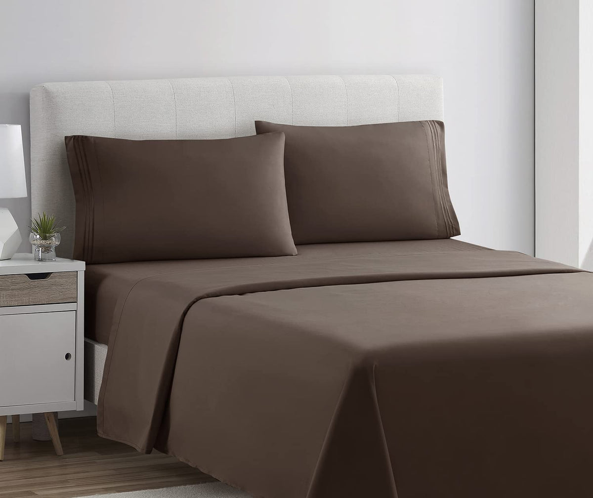 CLARA CLARK Premier 1800 Collection Hoja de Cama Set, Juego de sábanas 4 Piezas, Chocolate Brown, Tamaño King