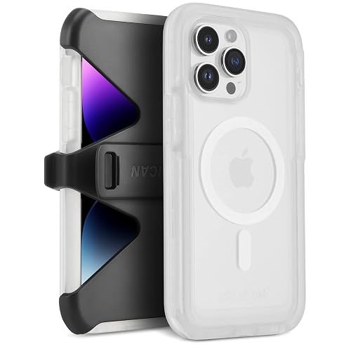 Pelican Voyager Series - iPhone 14 Pro Max Case 6.7" [Compatible with MagSafe] [Anti-Yellow] Magnetic Charging Phone Case With Belt Clip Holster Kickstand [18FT Military Grade Drop Protection] - Clear