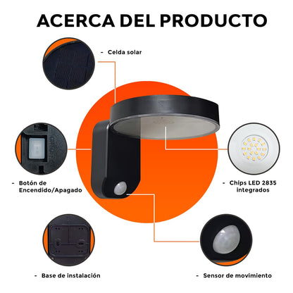 Tecnolite - Lámpara Solar Arbotante LED 5 W, Luz Cálida Brillante, Sensor de Movimiento, IP44, No atenuable