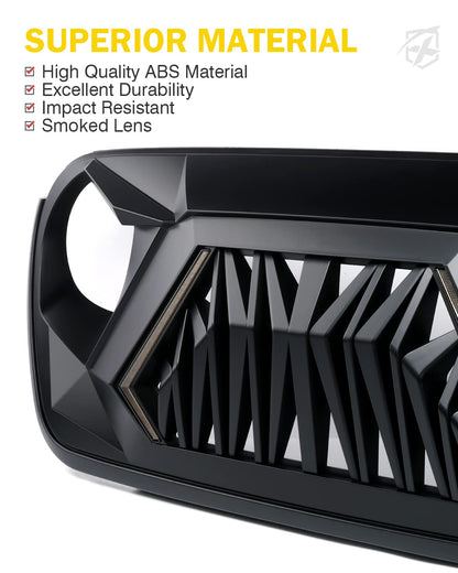 Xprite - Parrilla frontal de repuesto compatible con Jeep Wrangler JL JLU y 2020+ Gladiator JT, parrilla de tiburón negro mate con luz para correr y intermitentes