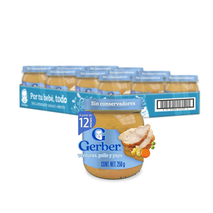 Gerber Papilla Etapa 4, A Partir de 12 Meses, Pollo, Verduras y Papas, Pack 12 Frascos de 250 g c/u