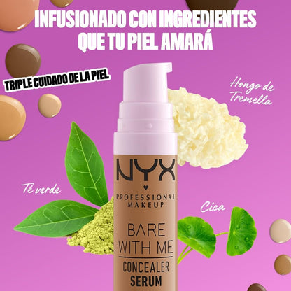 NYX Professional Makeup Bare With Me Concealer Serum, suero + corrector ligero de cobertura media con fórmula vegana, hidratación hasta por 24H, 9.6ml – Tono Sand (Arena)