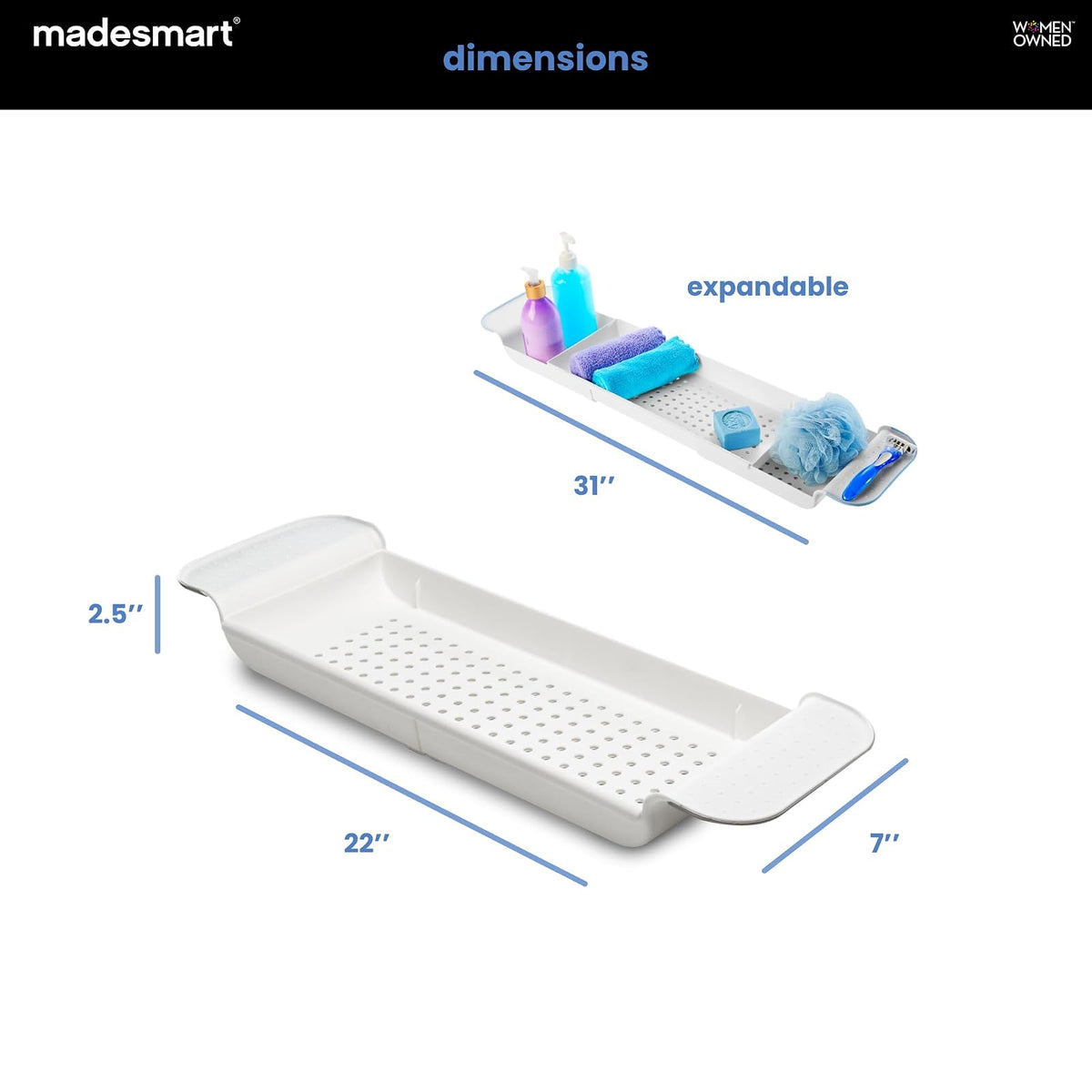 madesmart - Bandeja de baño expandible para bañeras, Ducha de plástico y Estante de baño, Blanco, Organizador de baño Multifuncional para Tina, Color Blanco