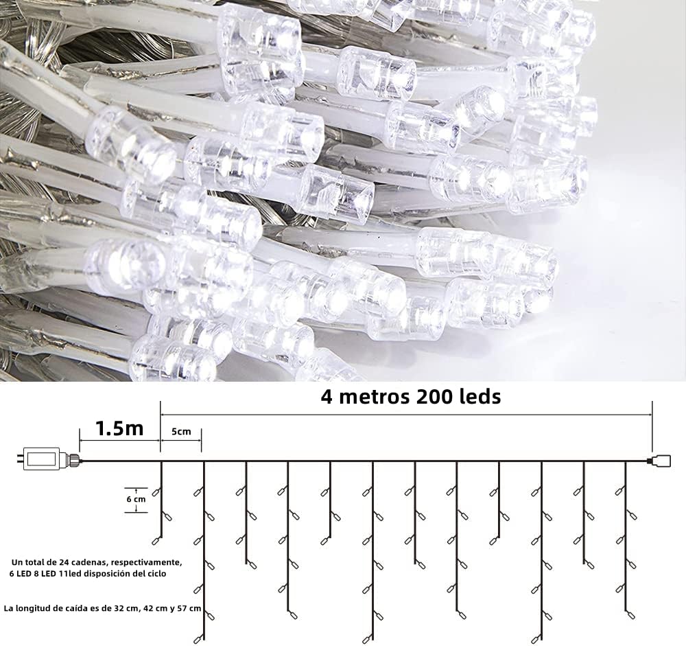 Luces Navideñas Cascada de Luces led -POWEROAK Luces de Navidad 4M 200LED IP44 Serie de Cascada led con 8 Modos de Iluminación Luz cascada Navidad Decorativas. (4M 200LED, Blanco frío)
