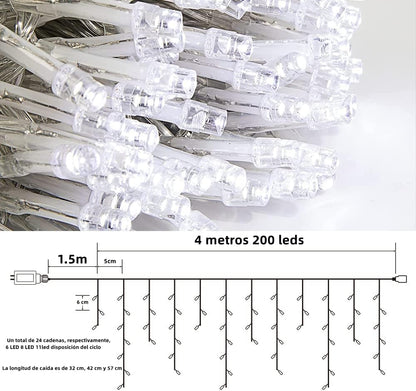 Luces Navideñas Cascada de Luces led -POWEROAK Luces de Navidad 4M 200LED IP44 Serie de Cascada led con 8 Modos de Iluminación Luz cascada Navidad Decorativas. (4M 200LED, Blanco frío)