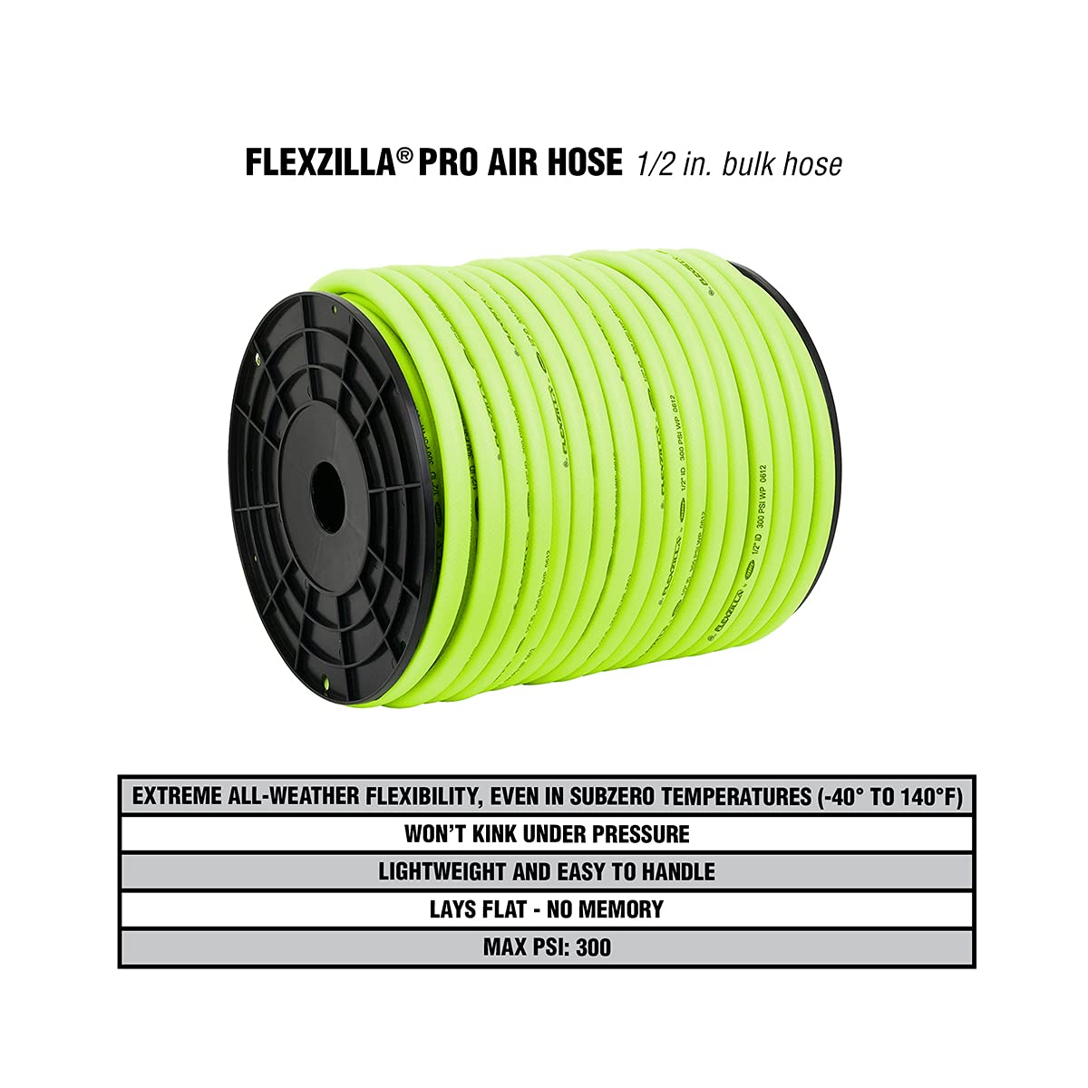 Flexzilla Pro Air Hose, Bulk Plastic Spool, 1/2 in. x 250 ft., Heavy Duty, Lightweight, Hybrid, ZillaGreen - HFZ12250YW