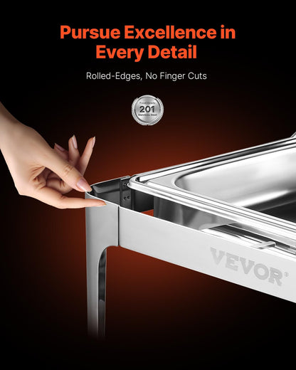 VEVOR Juego de Calentador de Alimentos Acero Inoxidable con Sartenes(8,5 L), Rectangular, Tapa Enrollable y Soporte para Bandeja Agua y Depósito de Combustible, para Bufé, Plata, Gran Capacidad
