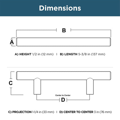 Franklin Barra maciza de latón (paquete de 10) manijas de gabinete de 7,6 cm con agujero central | Puerta de cocina de bronce champaña, cajones, aparadores, muebles BAR076Z-CZ-B