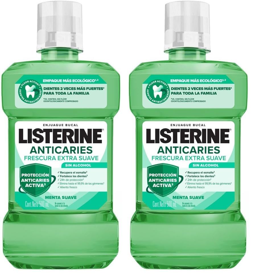 LISTERINE Enjuague Bucal Anticaries Zero Alcohol 500 ml (Paquete de 2)