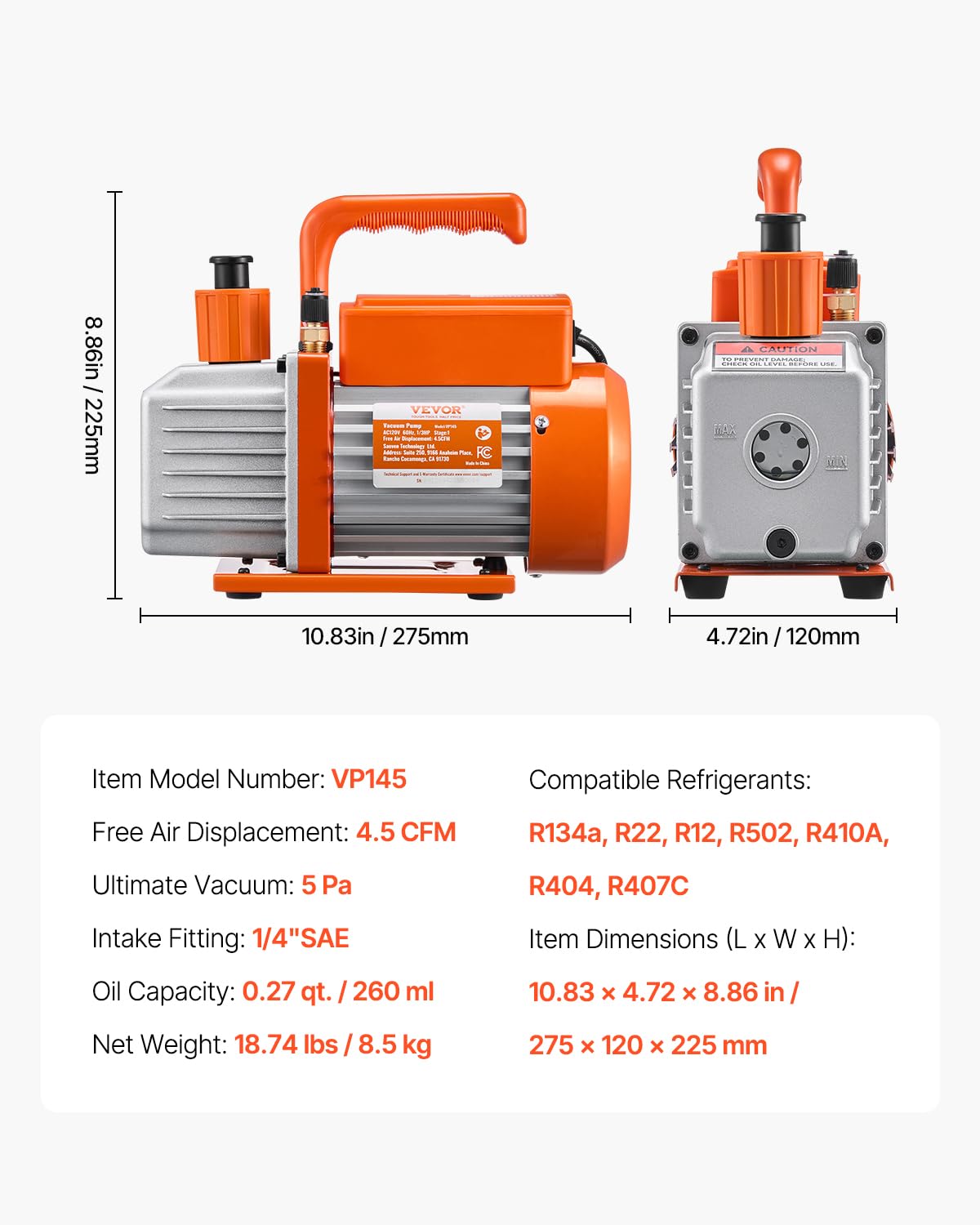 VEVOR 4.5 CFM AC Vacuum Pump and Gauge Set, Single Stage Rotary Vane HVAC Air Vacuum Pump, A/C Refrigerant Manifold Gauge Kit, with Leak Detector Hoses, for R134a, R12, R22, R502a, R410A, R404, R407C