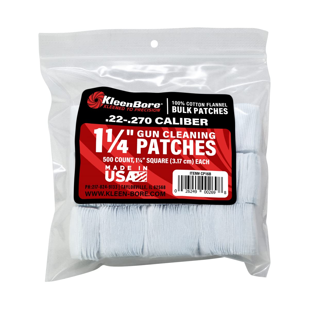 KleenBore 1-1/4" .22-.270 Cal. Parches de Limpieza (500 Unidades), Color Blanco