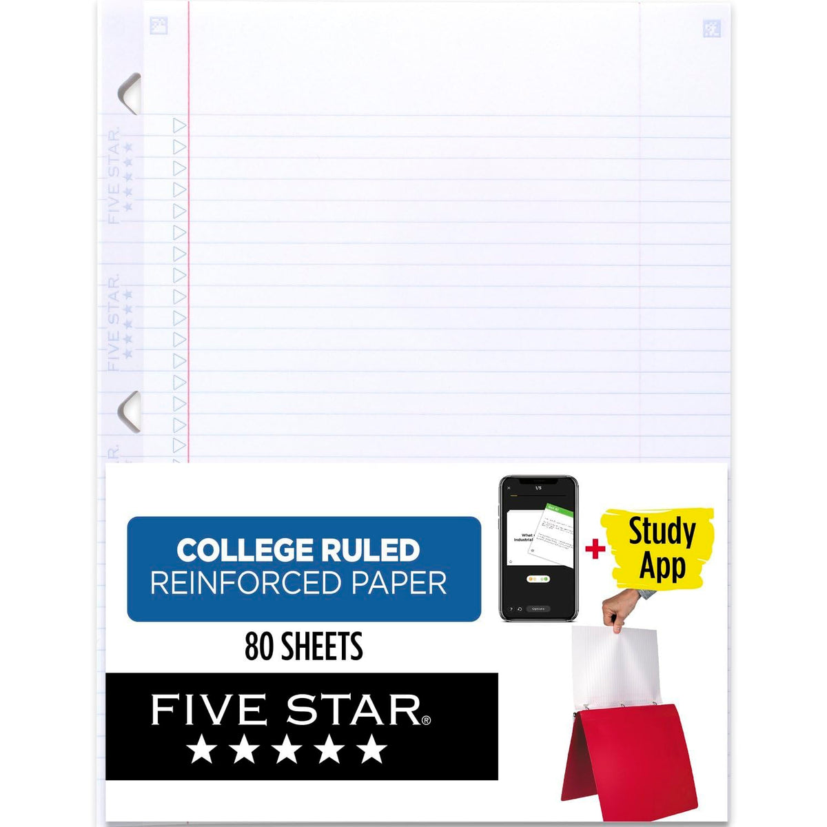 Five Star Papel Carta Rayado 80 Hojas con Perforaciones Triangulares Reforzadas