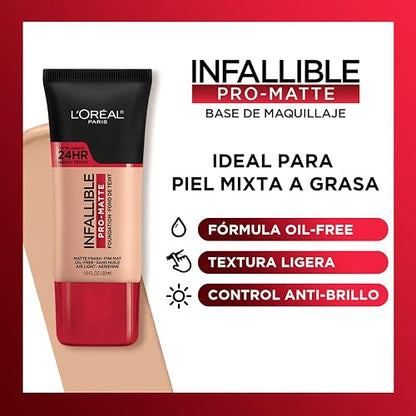 L'Oréal Paris, Base de maquillaje líquida de larga duración, Infallible 24h Pro-matte, Tono Classic Tan, 30ml