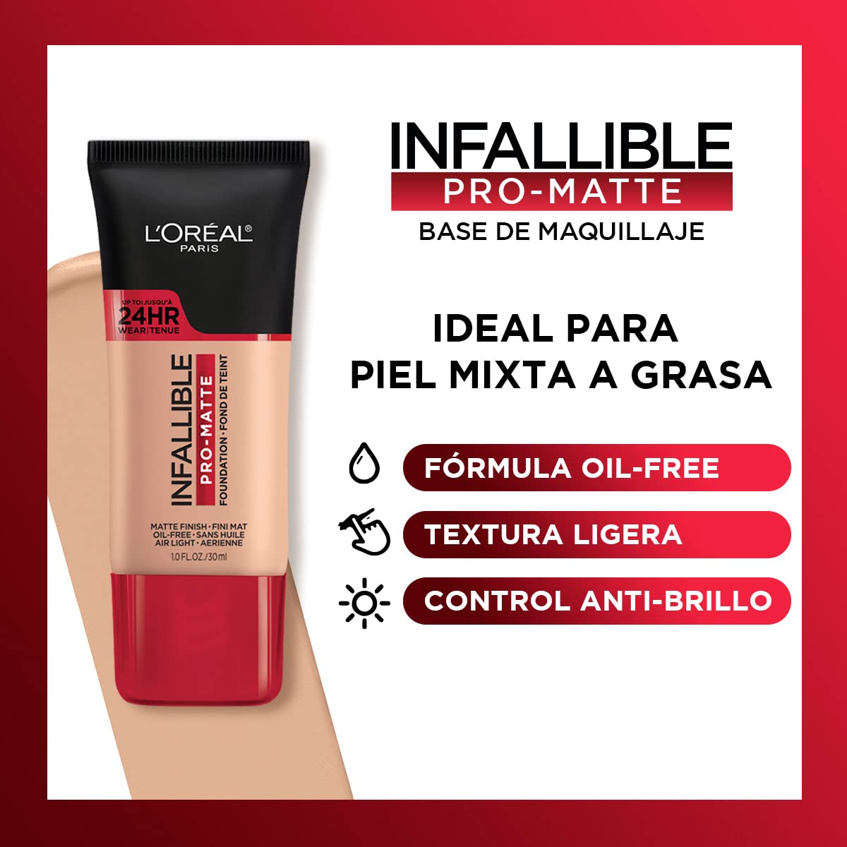 L'Oréal Paris, Base de maquillaje líquida de larga duración, Infallible 24h Pro-matte, Tono Natural Beige 105, 30ml