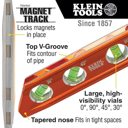 Klein Tools 935AB4V Nivel, torpedo magnético de 6 pulgadas y nivel de conducto con viales de 0/30/45/90 grados, ranura en V y pista magnética, naranja de alta visibilidad