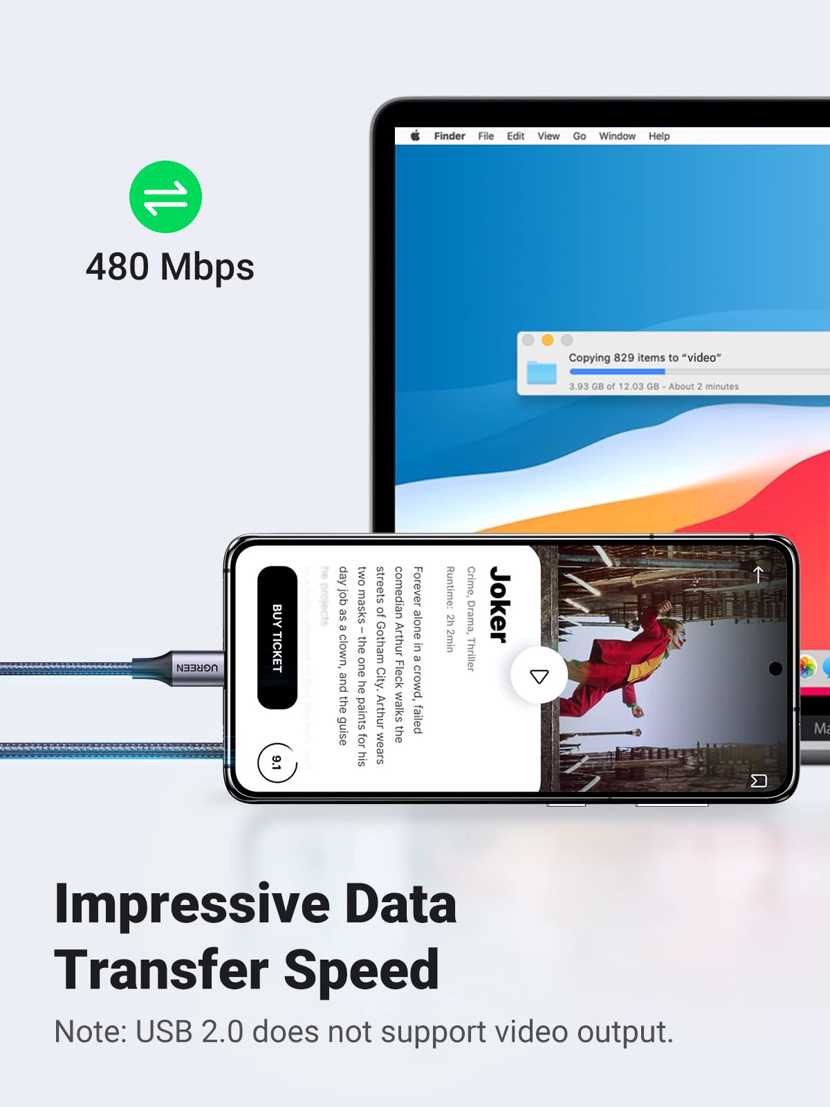 UGREEN - Cable de carga rápida con velocidad de transferencia de datos de 480 Mbps, computadoras tipo C a smartphones, sincronización de datos de 1 m, color negro
